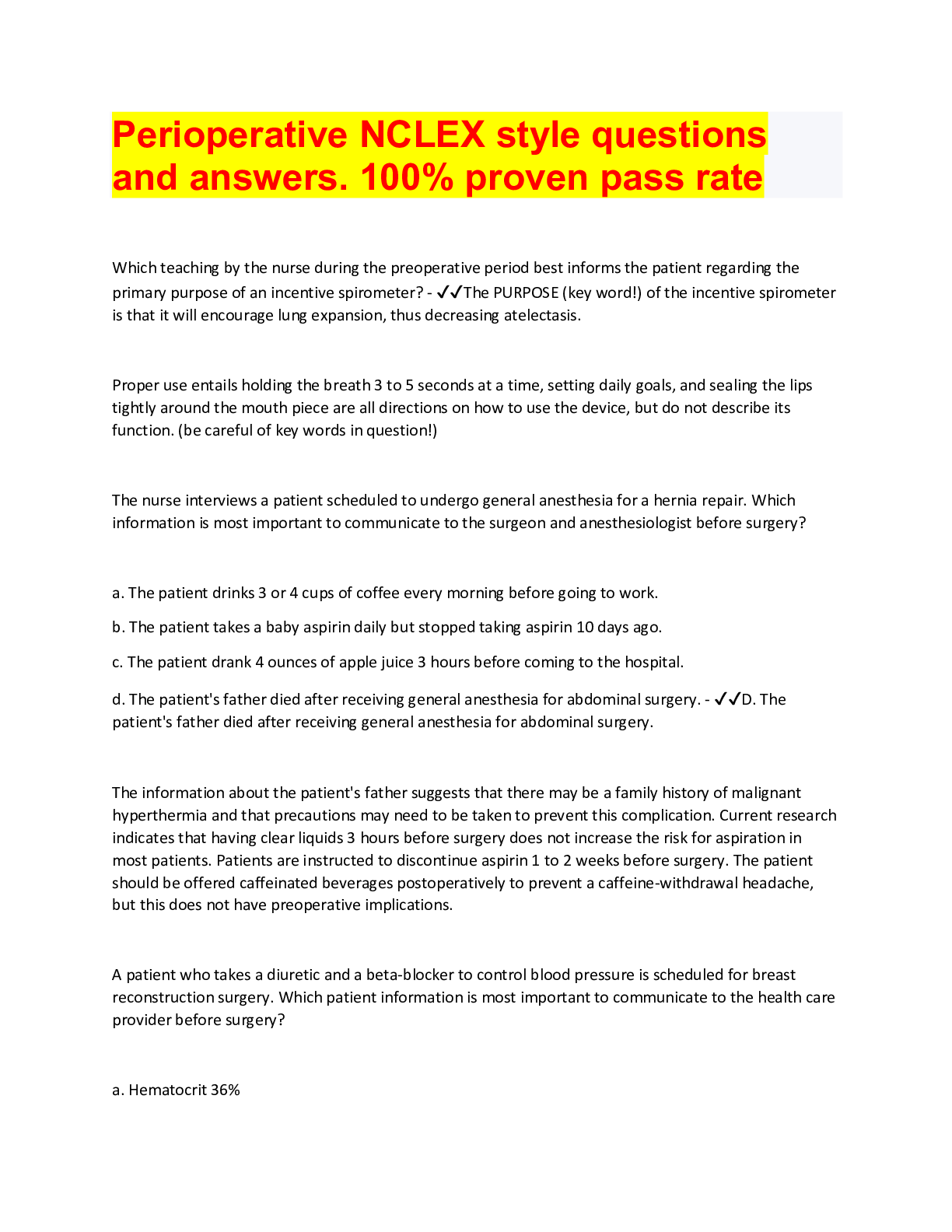Preview of Perioperative NCLEX style questions and answers. 100% proven pass rate